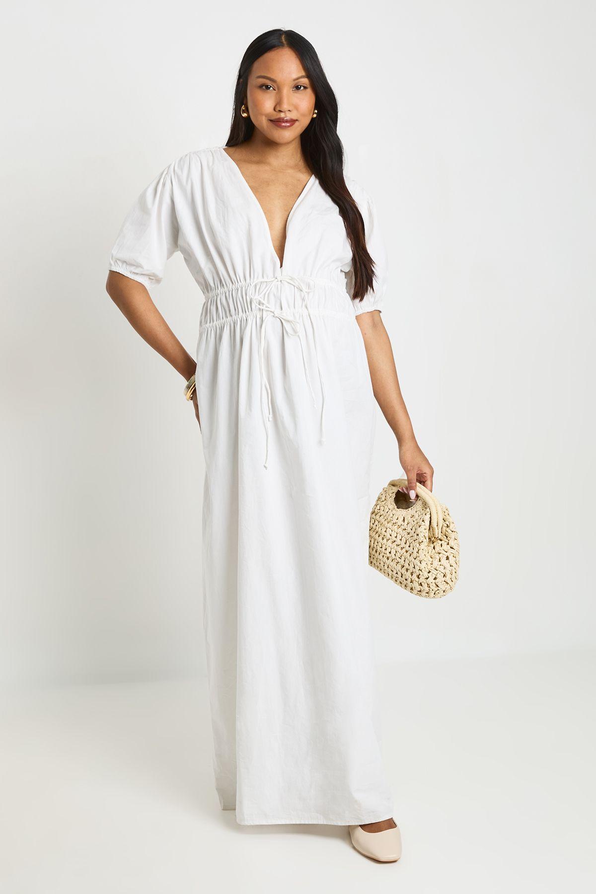 Maternity Ruched Tie Front Maxi Dress by BOOHOO