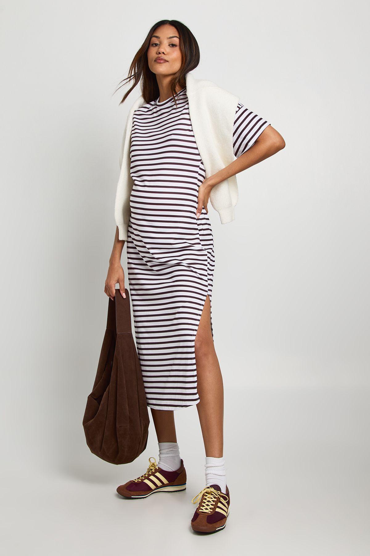 Maternity Short Sleeve Split Hem Striped Dress by BOOHOO Maternity Short Sleeve Split Hem Striped Dress by BOOHOO