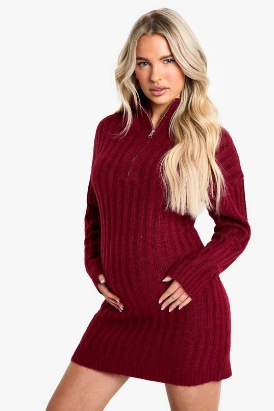 Maternity Soft Knit Thick Rib Zip Neck Oversize Mini Dress by BOOHOO