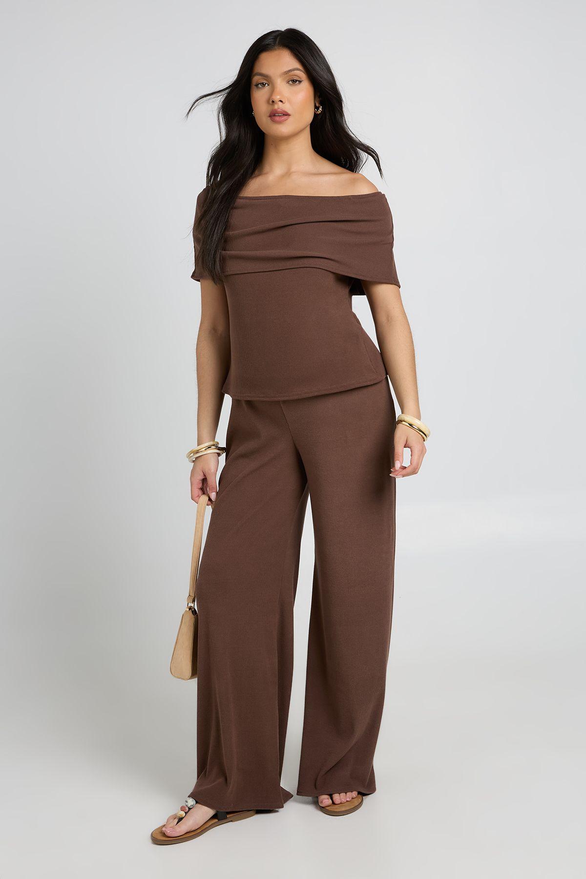 Maternity Soft Rib Bardot Top & Wide Leg Trouser Co Ord by BOOHOO