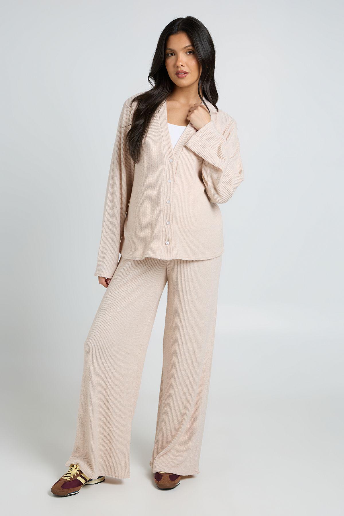 Maternity Soft Rib Slouchy Cardigan & Wide Leg Trouser by BOOHOO