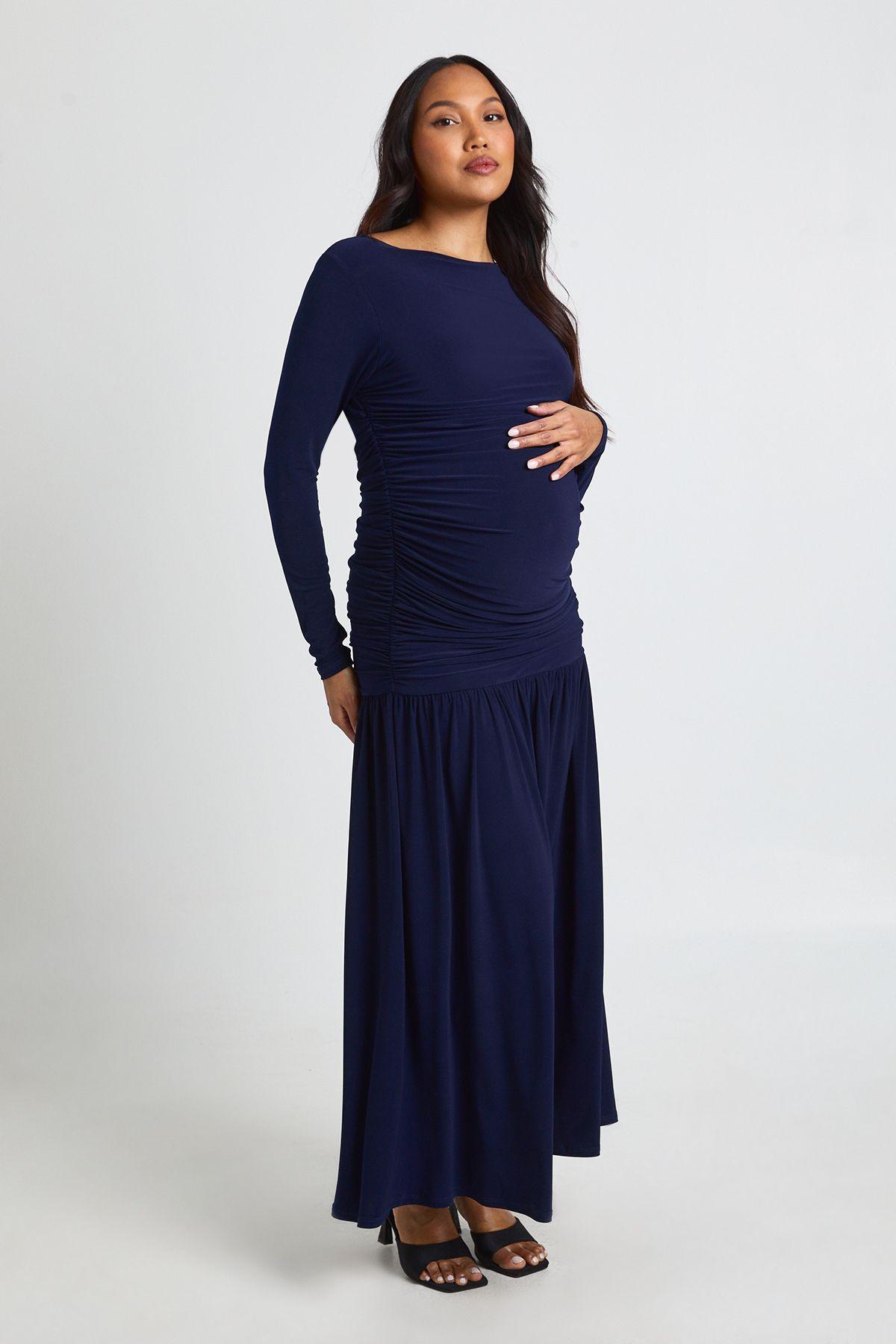 Maternity Soft Ruched Long Sleeve Maxi Dress by BOOHOO