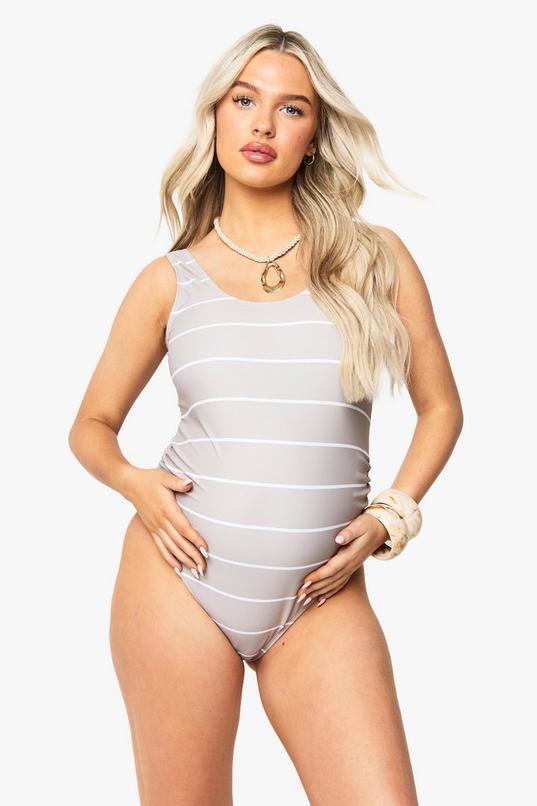 Maternity Stripe Ruched Bump Support Swimsuit by BOOHOO