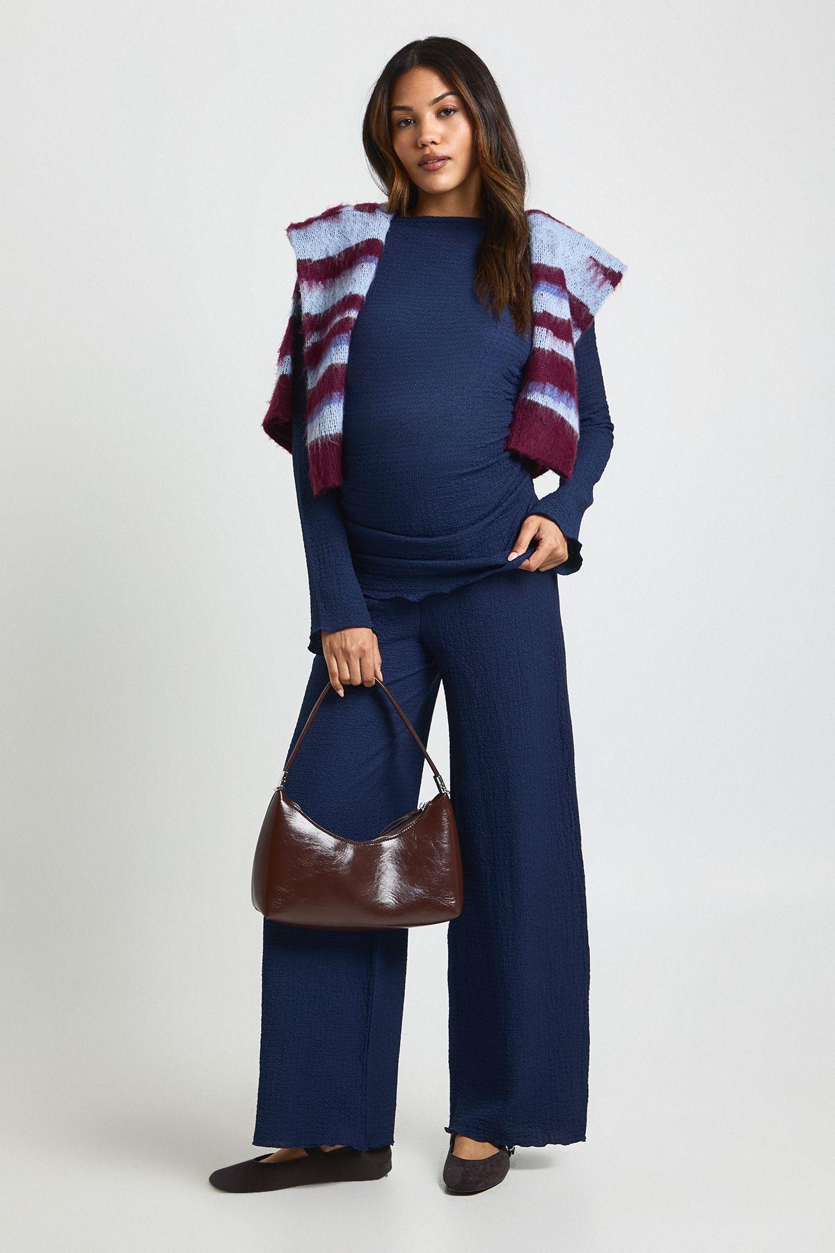 Maternity Textured Long Sleeve Lettuce Hem Top & Trouser Co Ord by BOOHOO