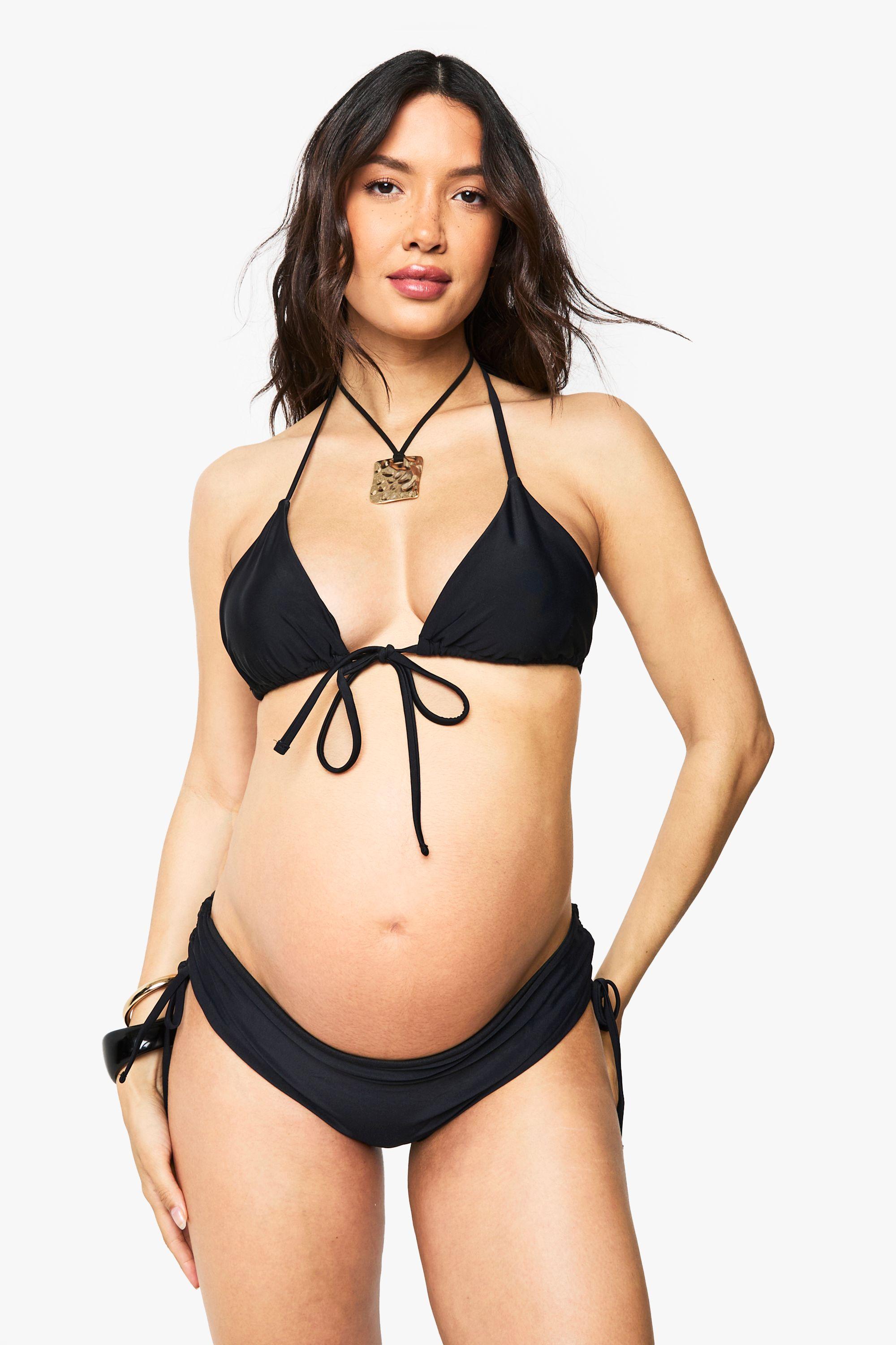 Maternity Tie Front Triangle High Waisted Ruched Side Bikini by BOOHOO
