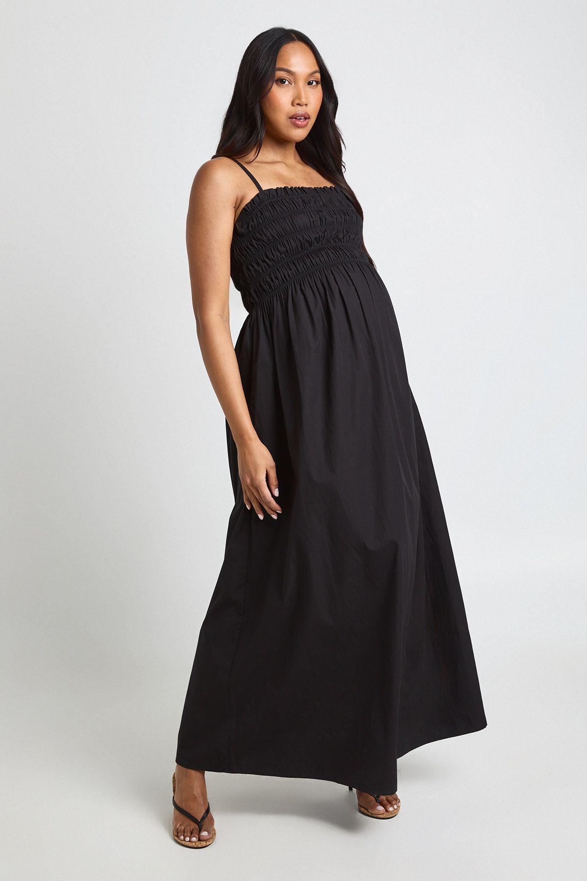 Materntiy Cotton Poplin Shirred Strappy Maxi  Dress by BOOHOO