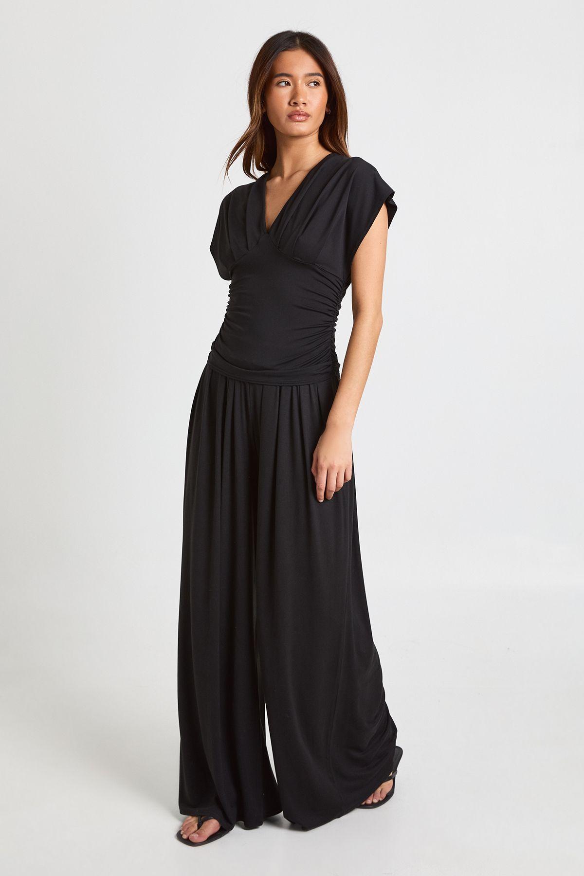 Matte Slinky Cinched Waist Backless V Neck Top by BOOHOO