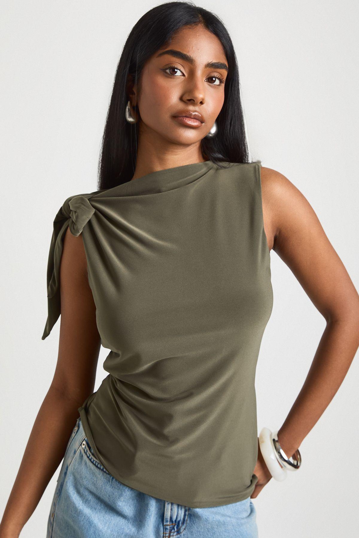 Matte Slinky High Neck Tie Shoulder Top by BOOHOO