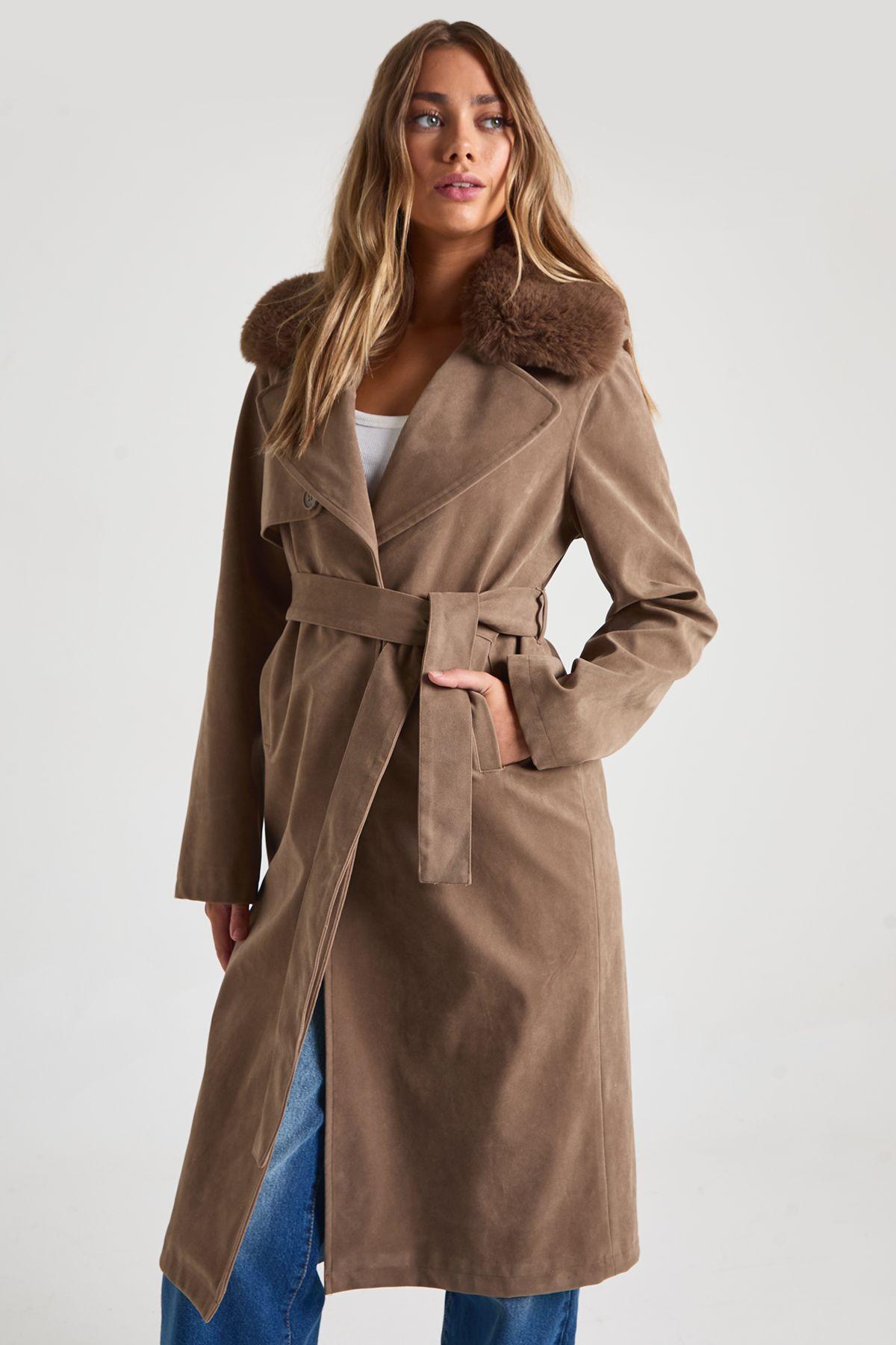 Maxi Belted Faux Suede Trench Coat With Fur Collar by BOOHOO