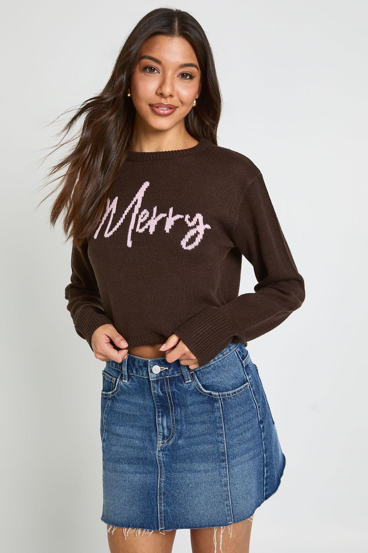 Merry Slogan Cropped Christmas Jumper by BOOHOO