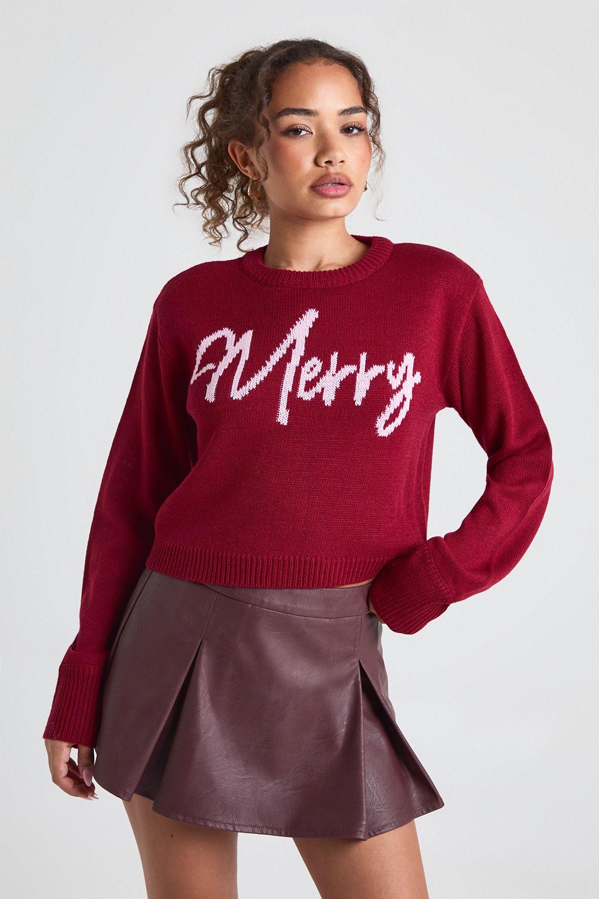 Merry Slogan Cropped Christmas Jumper by BOOHOO