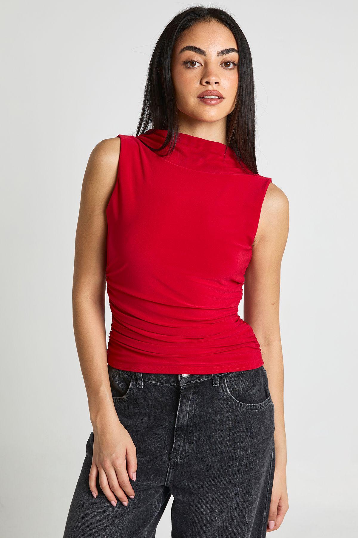 Mesh Cowl Back Sleeveless Slinky Top by BOOHOO