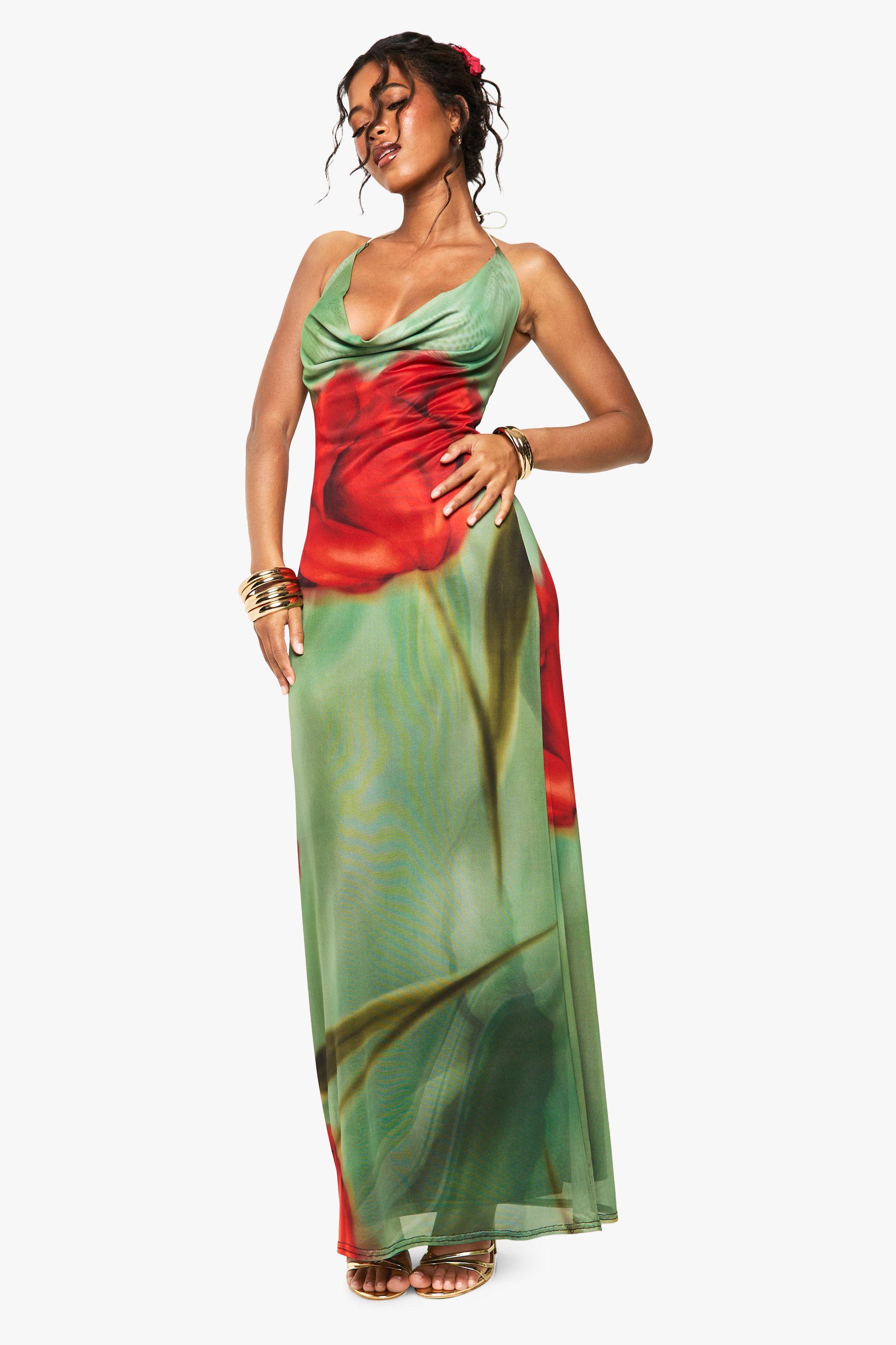 Mesh Floral Print Cowl Maxi Dress by BOOHOO