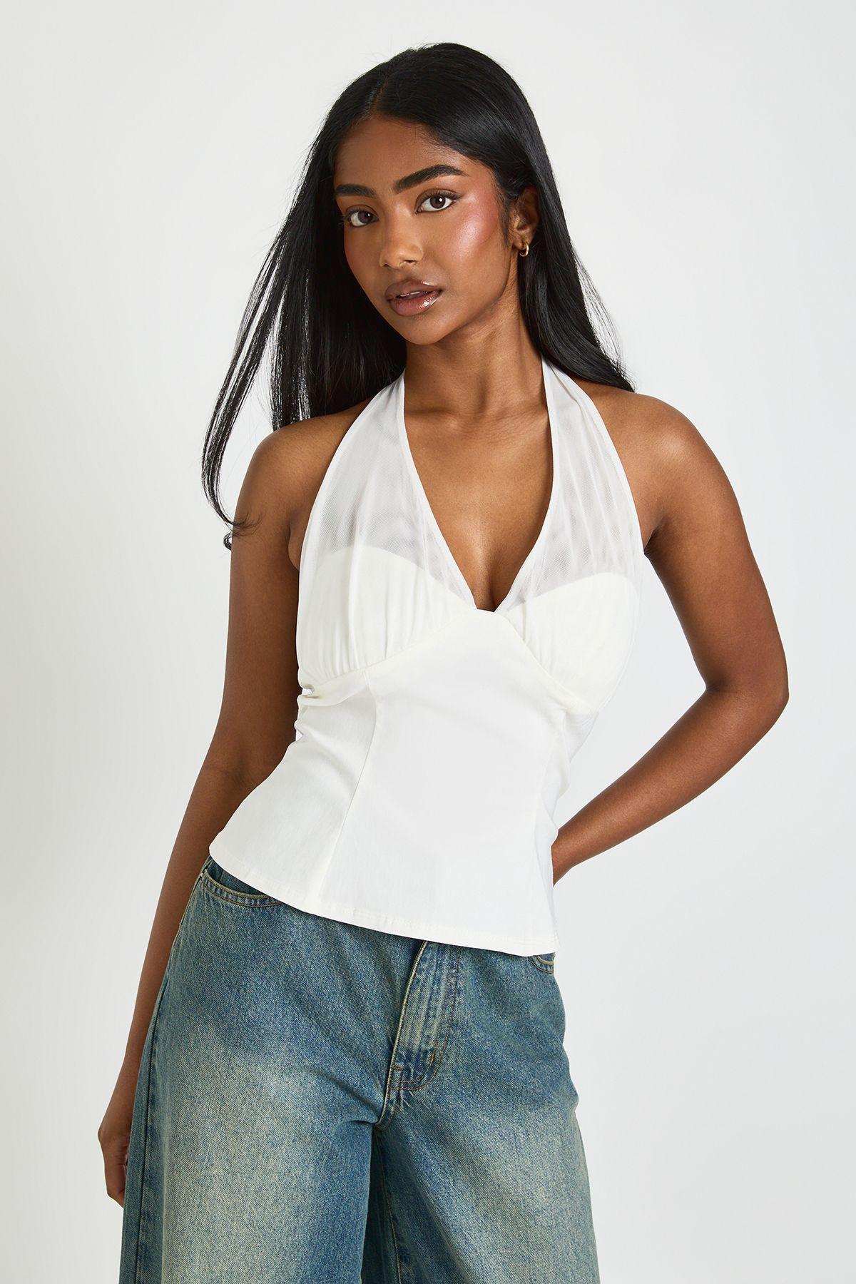 Mesh Halterneck Bengaline Top by BOOHOO