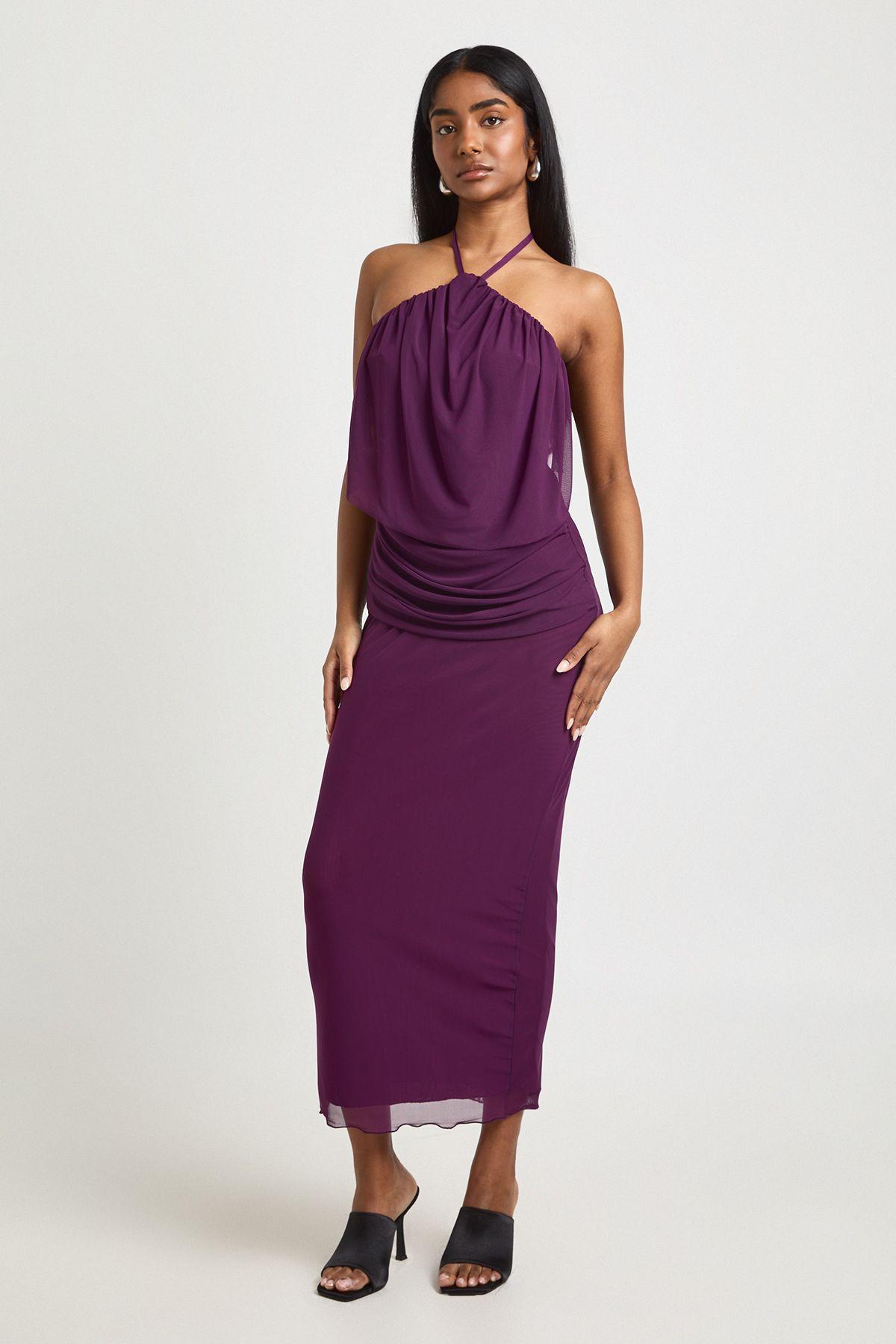 Mesh Halterneck Cowl Bodycon Midaxi Dress by BOOHOO
