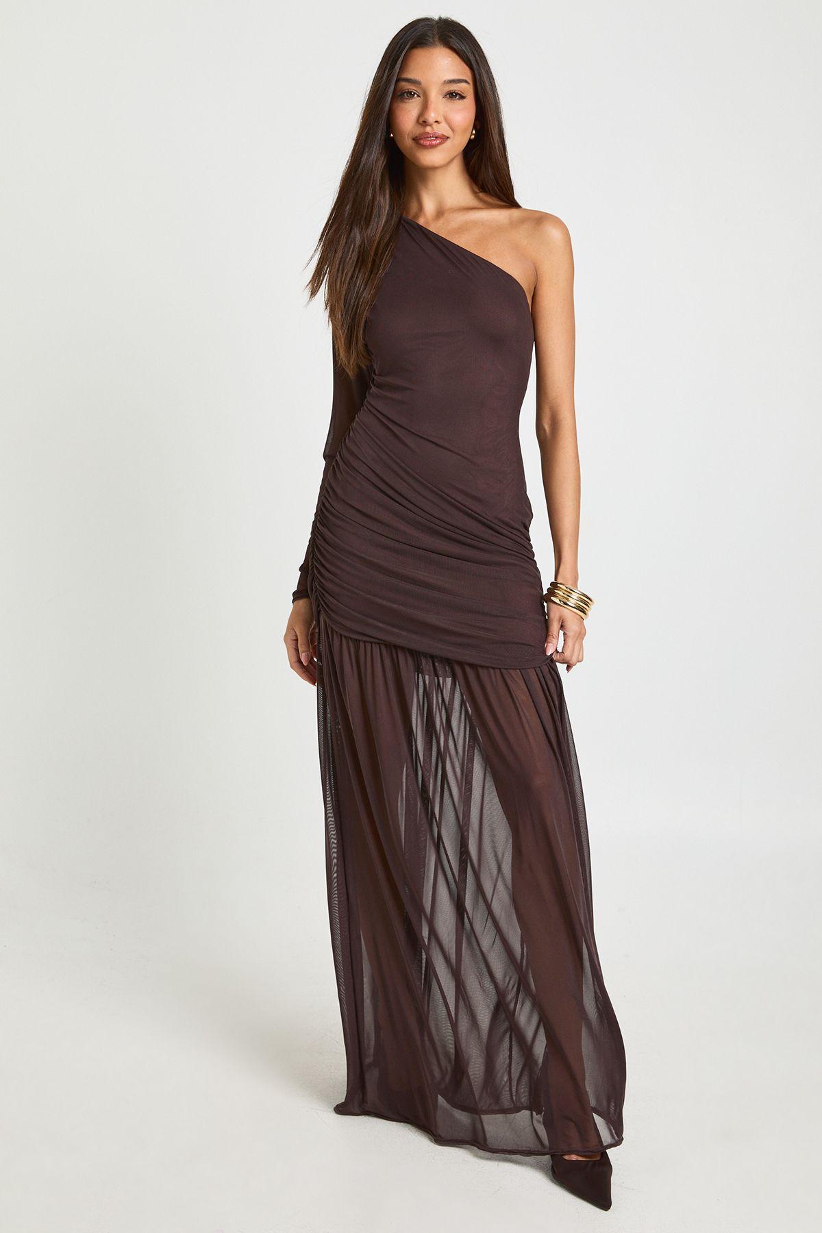 Mesh One Shoulder Ruched Maxi Dress by BOOHOO