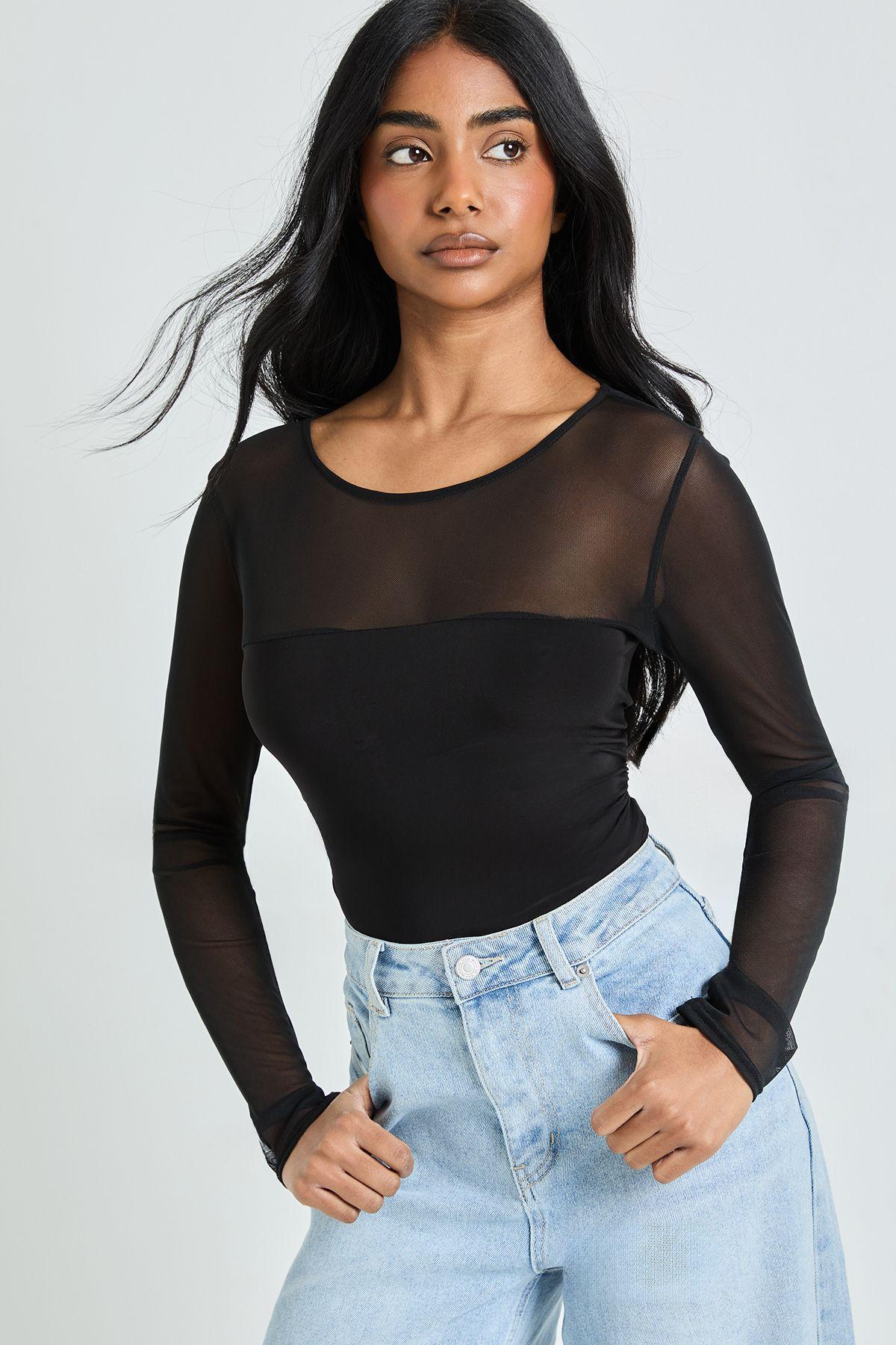 Mesh Panel Front Long Sleeve Bodysuit by BOOHOO