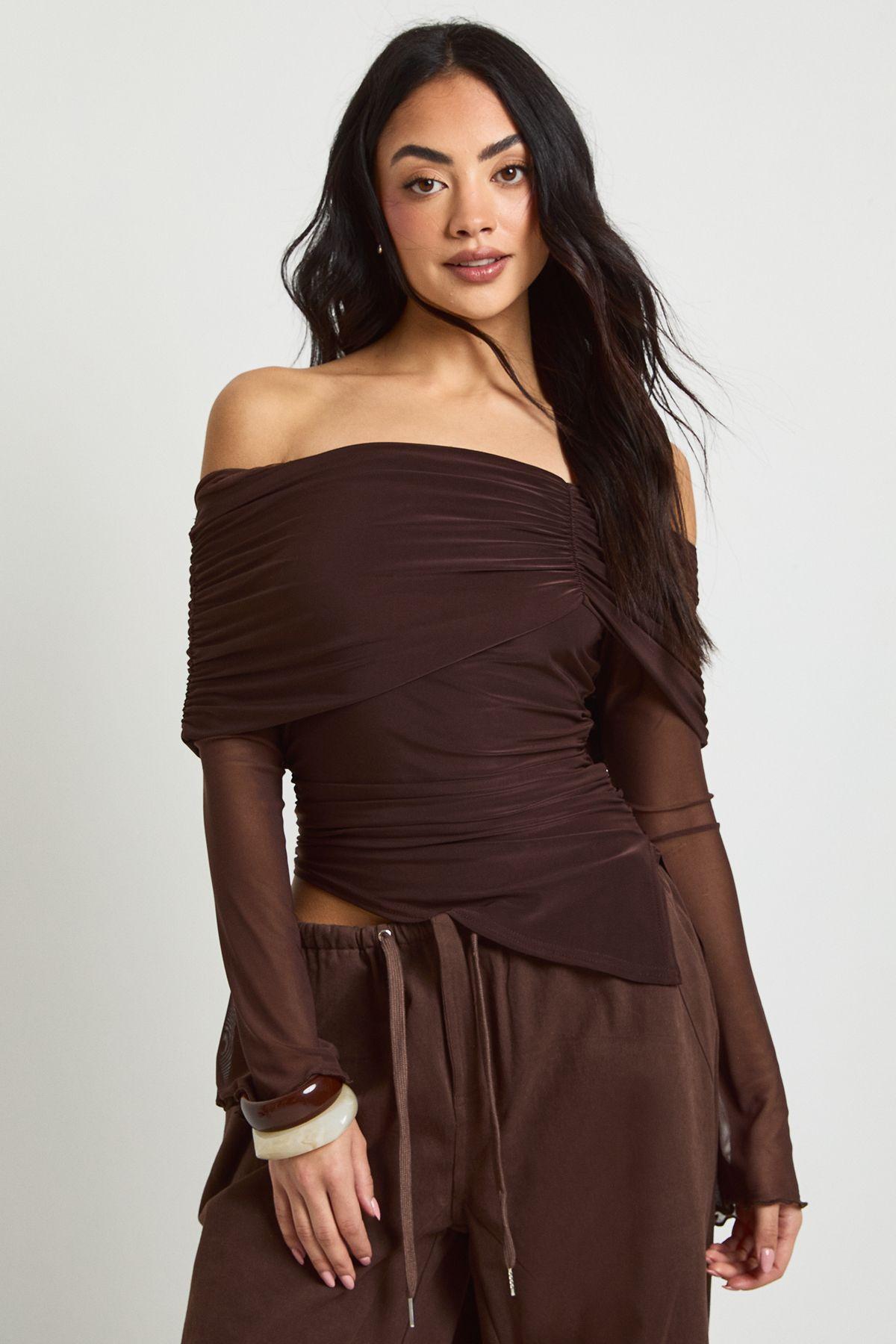 Mesh Sleeve Fold Over Bardot Top by BOOHOO