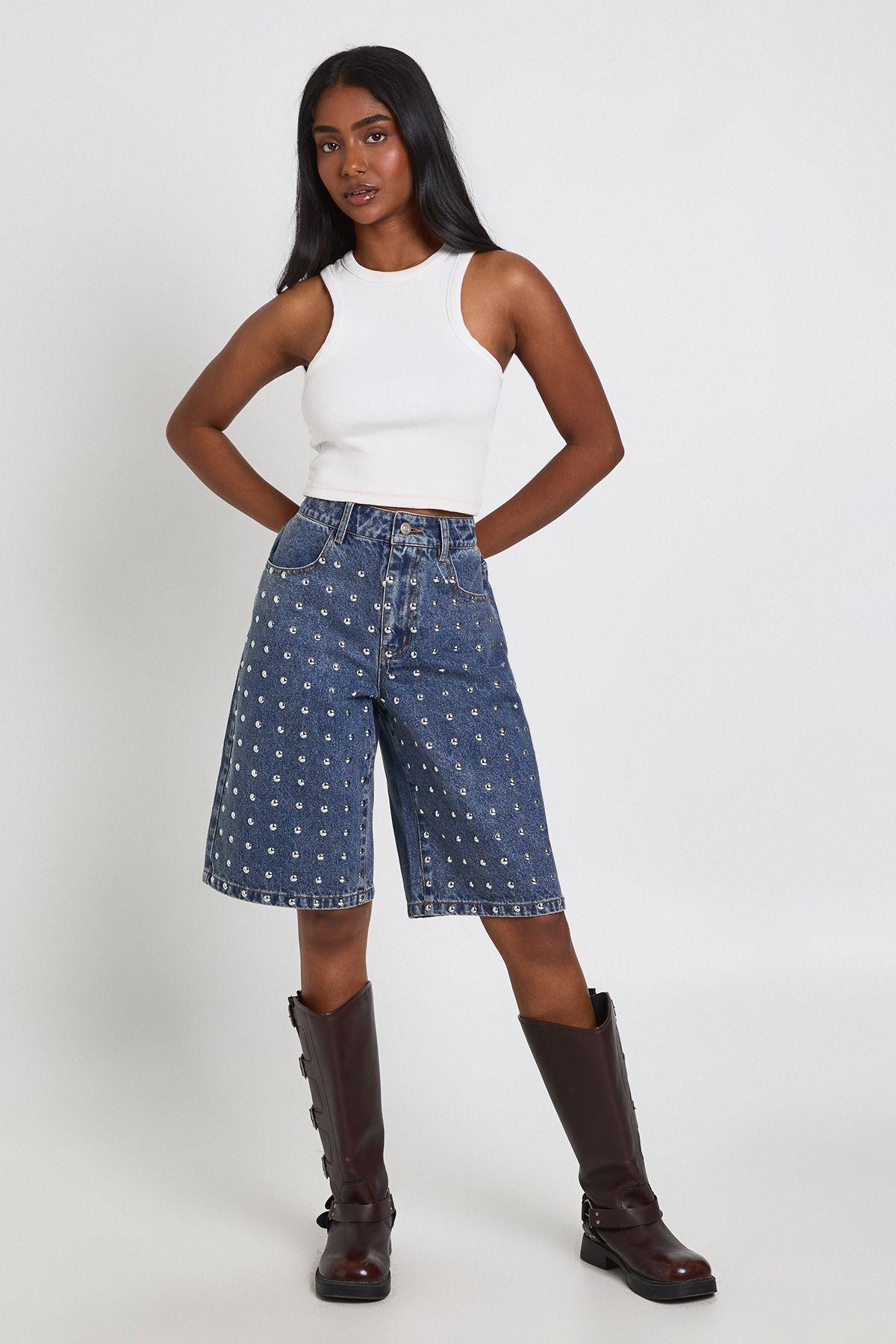 Mid Rise Studded Denim Jort by BOOHOO