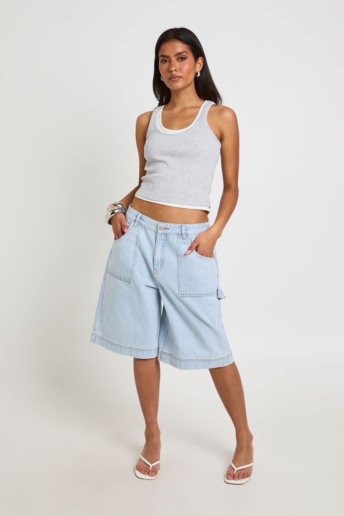 Mid Waist Denim Cargo Jort by BOOHOO