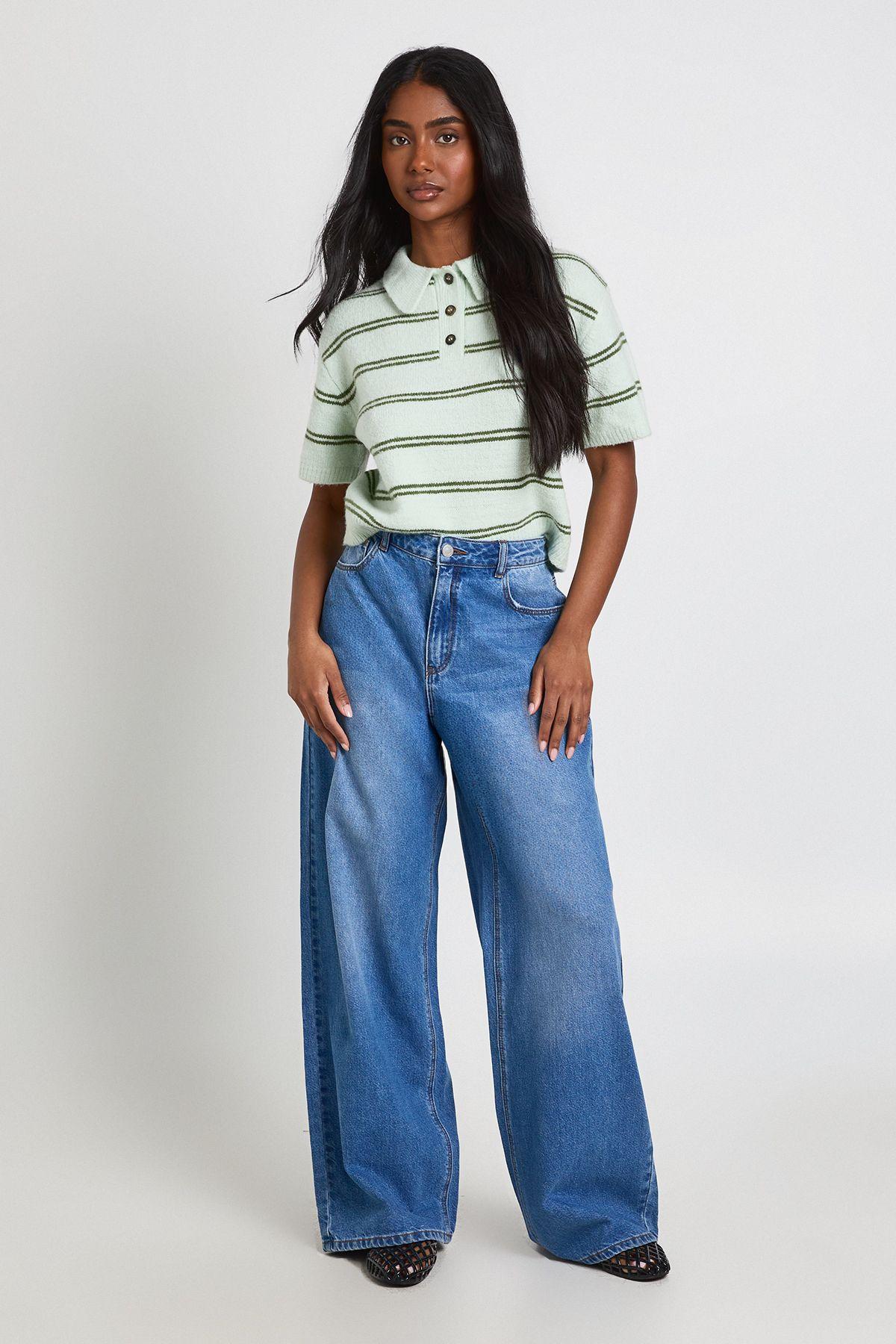 Mid Waist Loose Fit Wide Leg Jean by BOOHOO