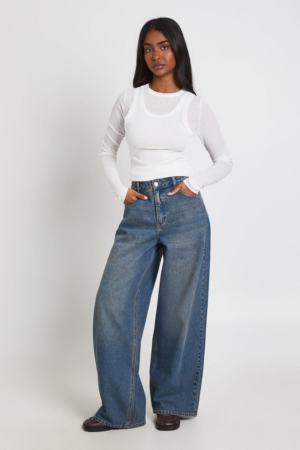 Mid Waist Loose Fit Wide Leg Jean by BOOHOO