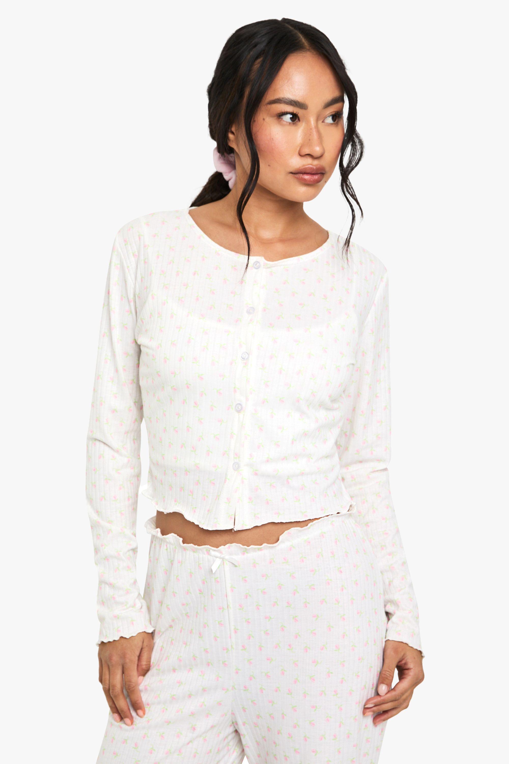 Mix & Match Floral Print Soft Rib Button Through Long Sleeved Pyjama Top by BOOHOO