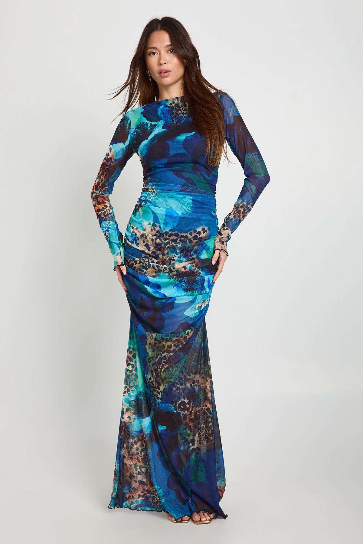 Mixed Animal Print Ruched Mesh Maxi Dress by BOOHOO