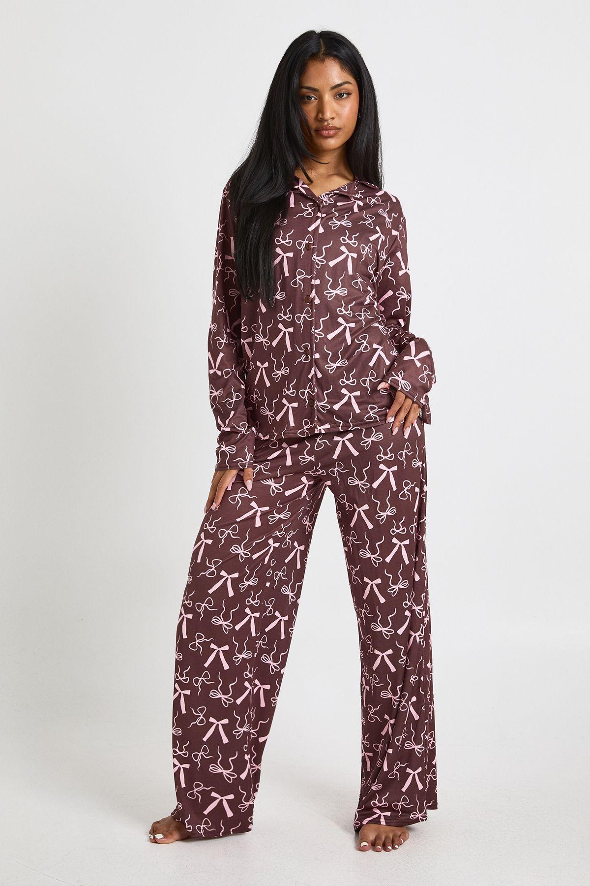 Mixed Bow Print Long Sleeve Shirt & Trousers Pyjama Set by BOOHOO