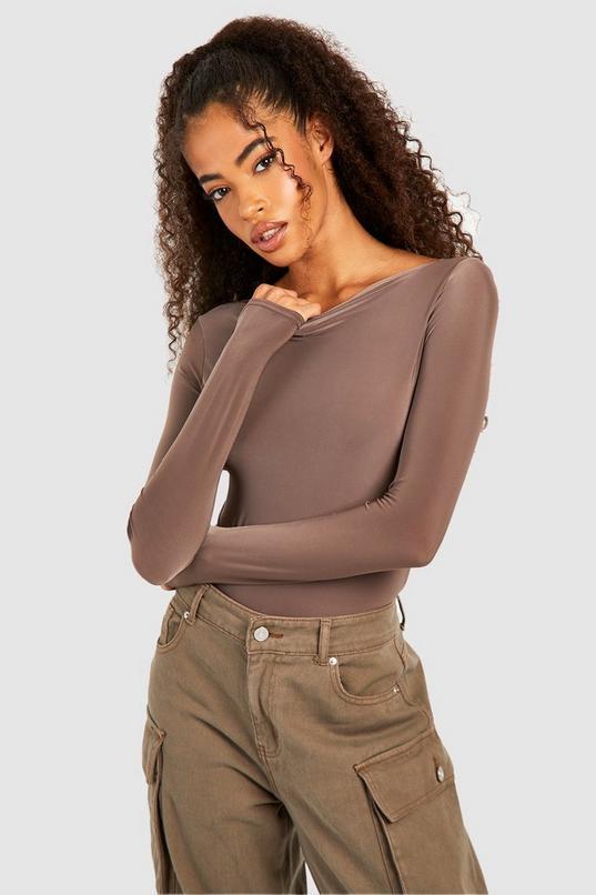 Mocha Slinky Slash Neck Long Sleeve Bodysuit by BOOHOO