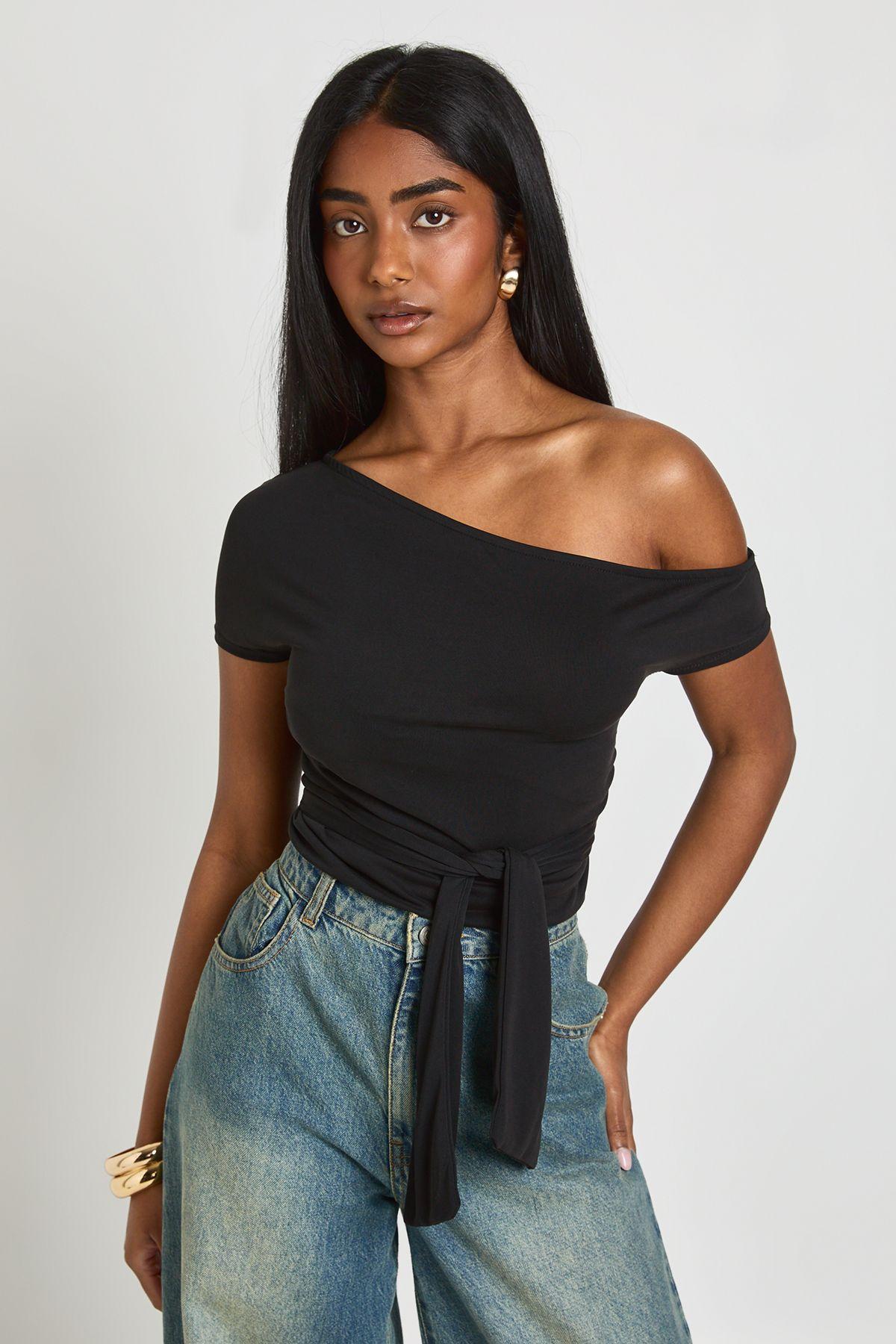 Modal Off The Shoulder Tie Waist Top by BOOHOO