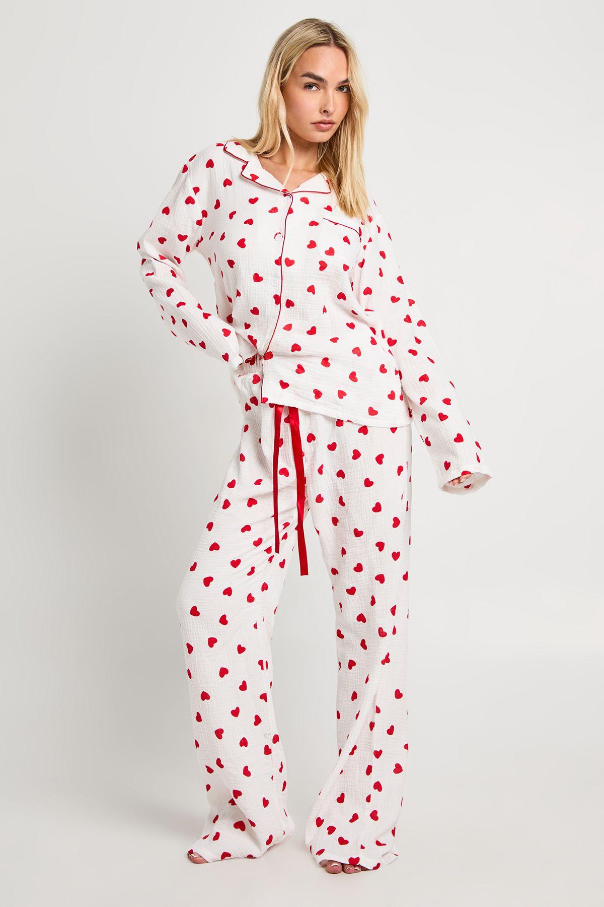 Muslin Heart Print Long Sleeve Shirt & Trouser Set by BOOHOO
