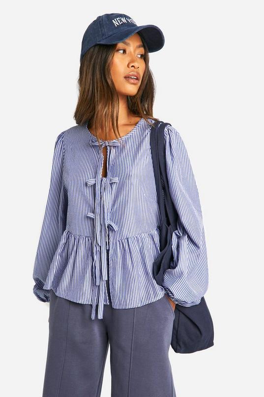 Navy Pinstripe Tie Front Puff Long Sleeve Smock Top by BOOHOO