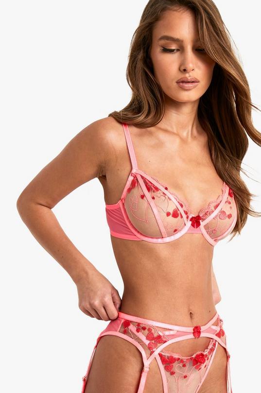 Neon Heart Embroidery Underwire Bra by BOOHOO