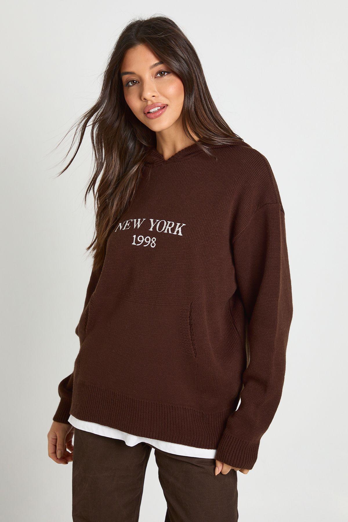 New York Embroidered Knitted Hoodie by BOOHOO