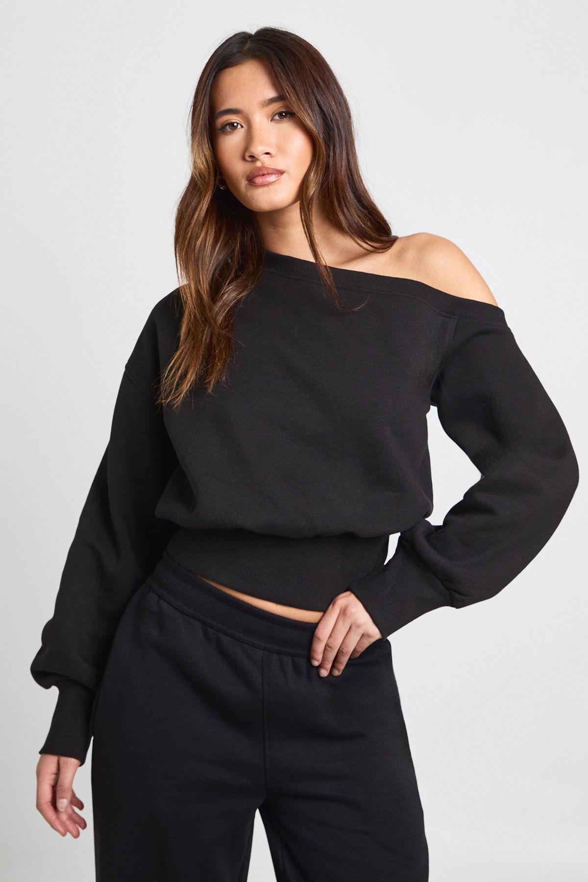 Off Shoulder Cinched Waist Sweatshirt by BOOHOO