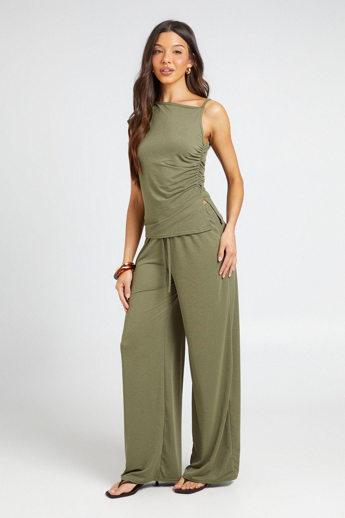 One Shoulder Ruched Side Top and Trouser Coord by BOOHOO