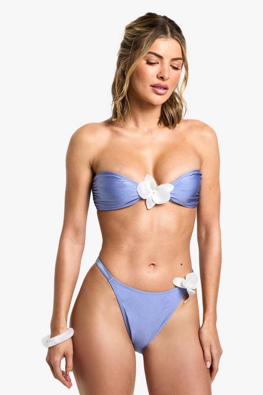 Orchid Flower Trim Bandeau Bikini Top & Tanga Bikini Bottoms Set by BOOHOO