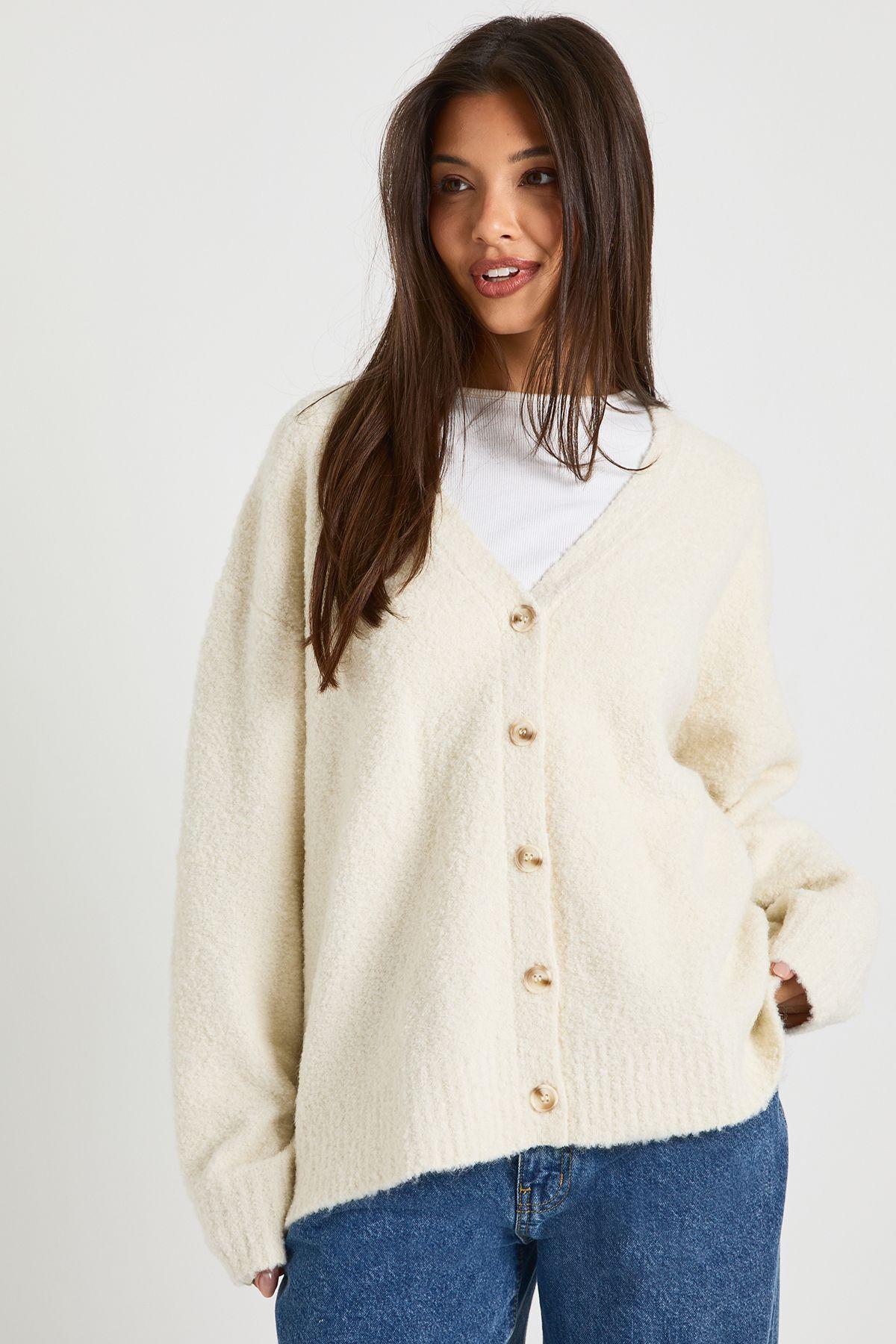 Oversized Boucle  Knitted Boyfriend Cardigan by BOOHOO