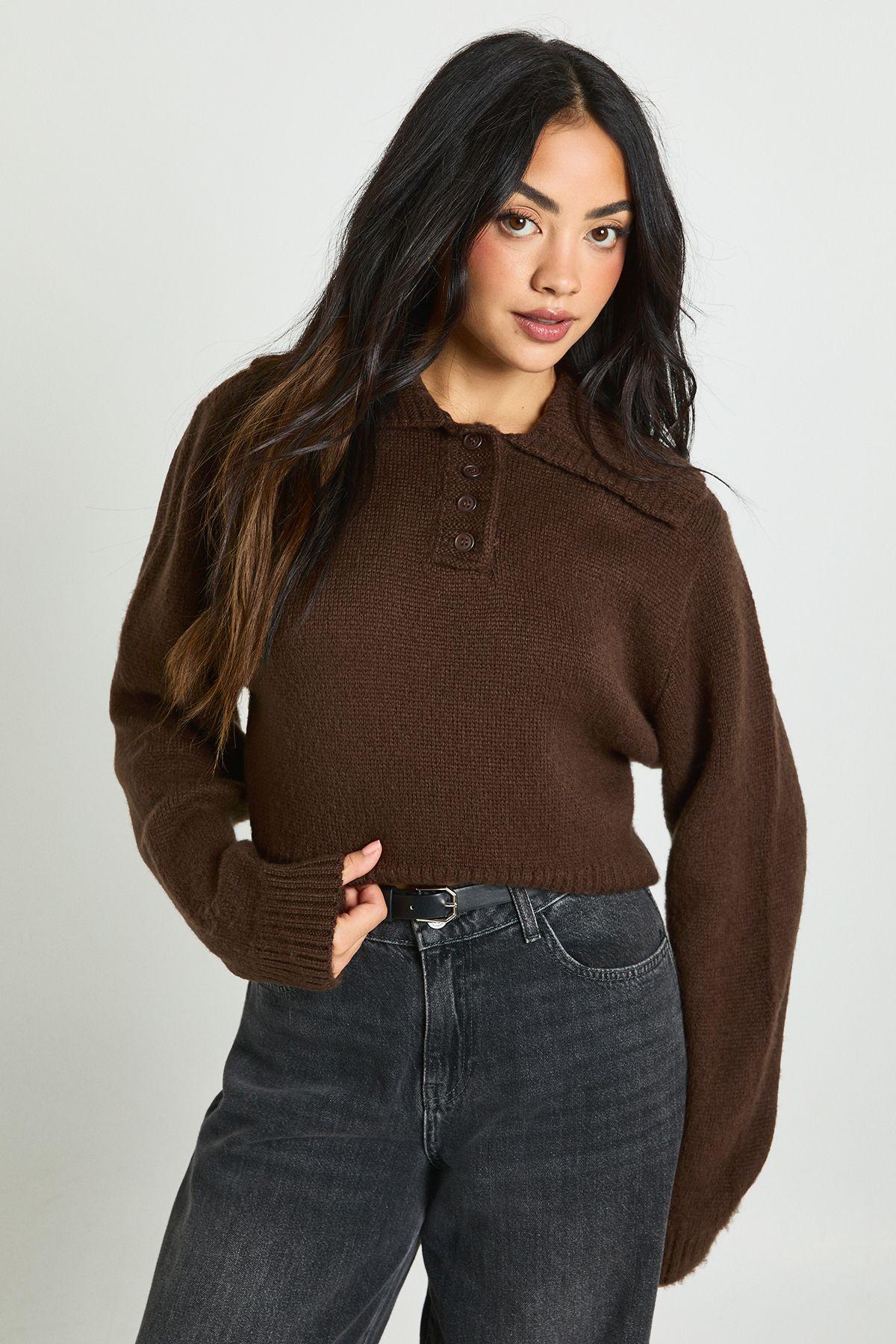 Oversized Collar Knitted Polo Jumper by BOOHOO