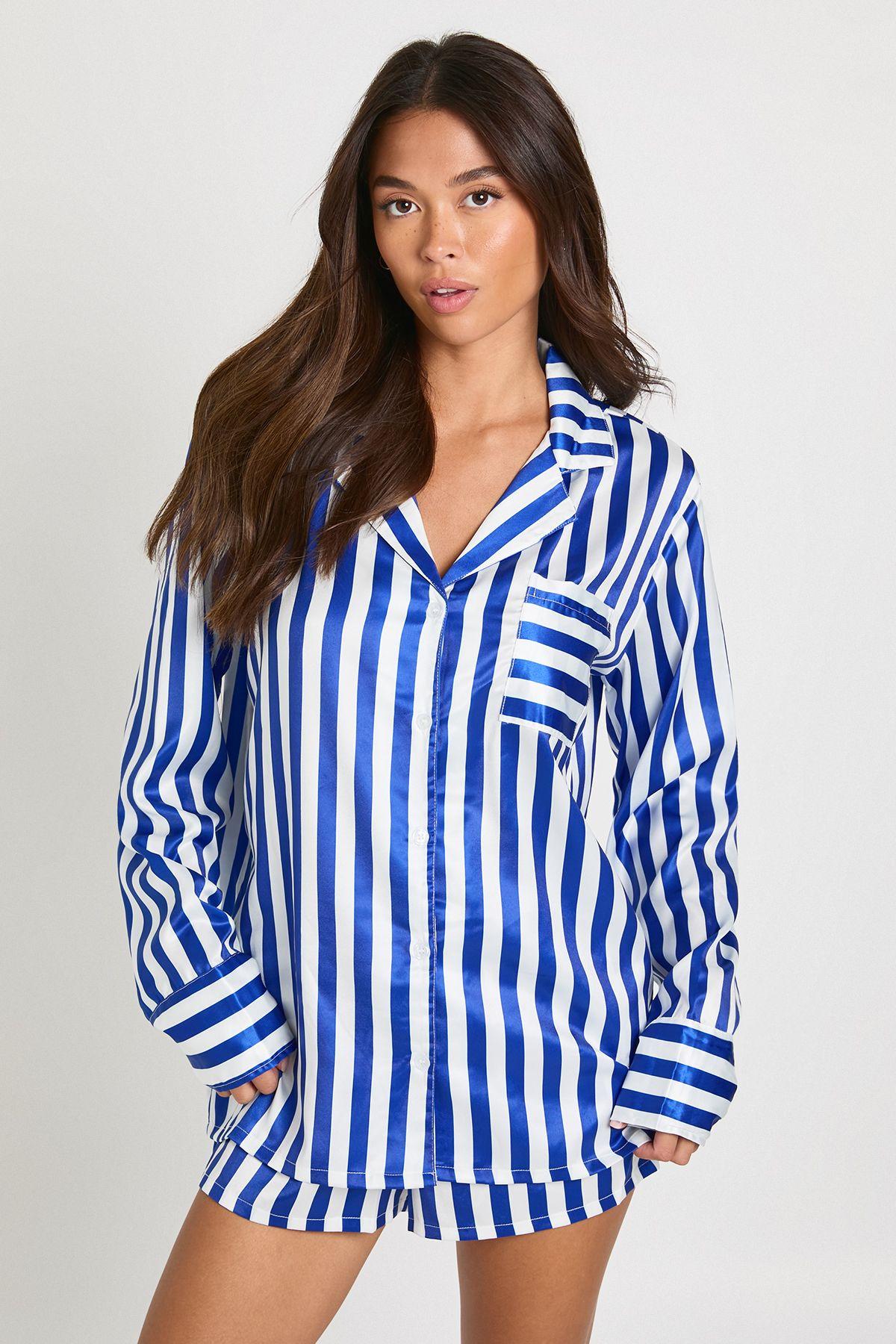 Oversized Contrast Stripe Pyjama Shirt & Short Set by BOOHOO