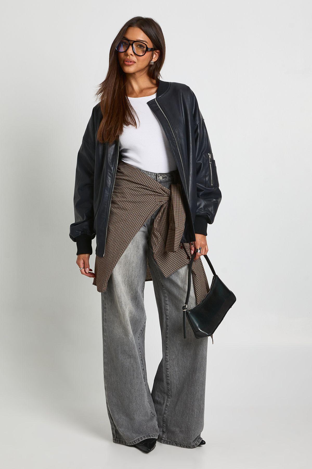 Oversized Faux Leather Bomber Jacket by BOOHOO Oversized Faux Leather Bomber Jacket by BOOHOO