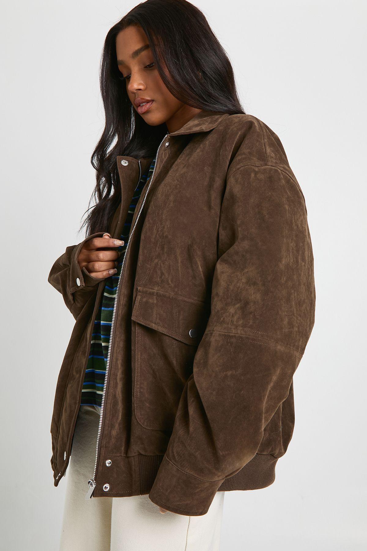 Oversized Faux Suede Bomber Jacket by BOOHOO