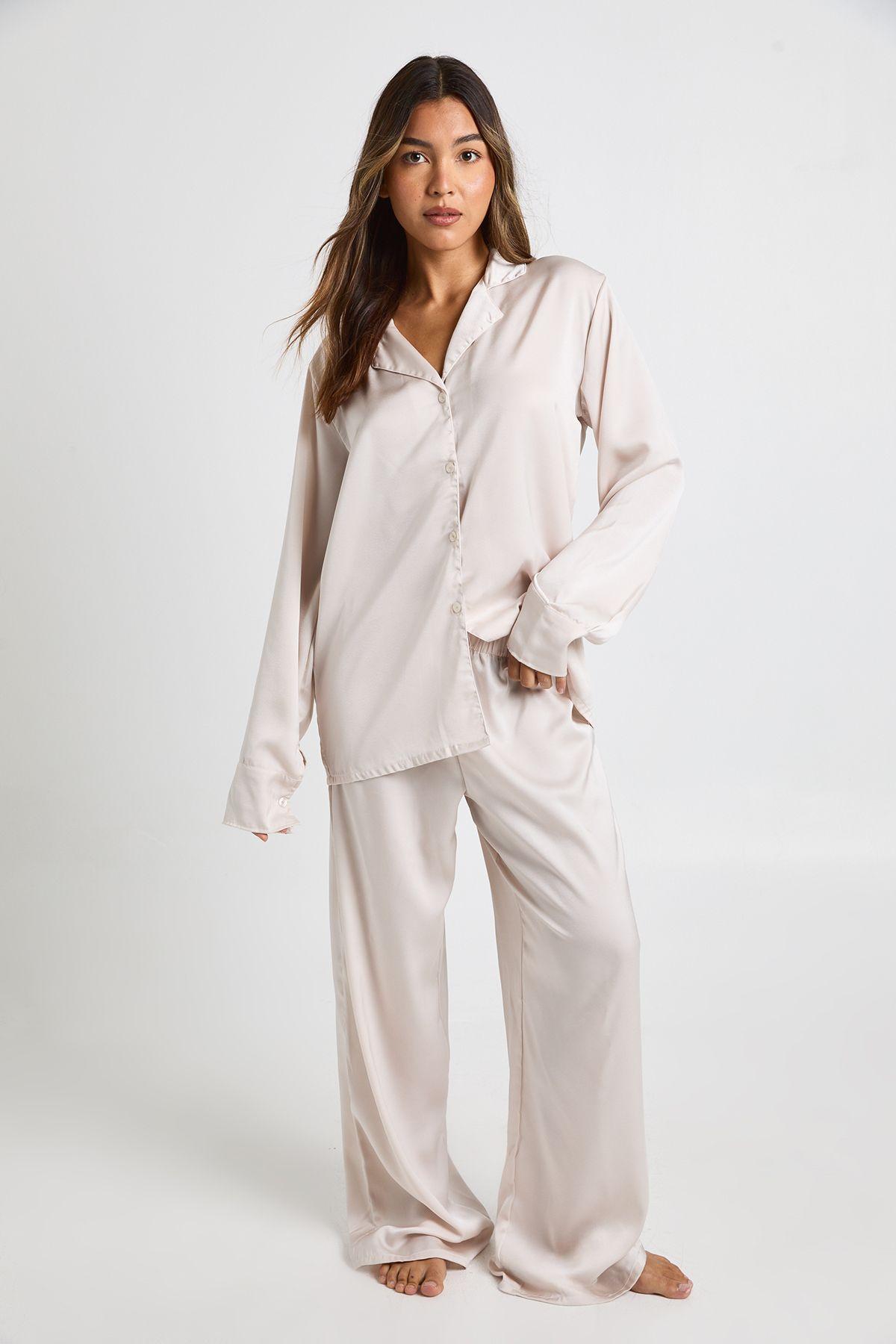 Oversized Satin Long Sleeve Shirt & Trousers Pyjama Set by BOOHOO