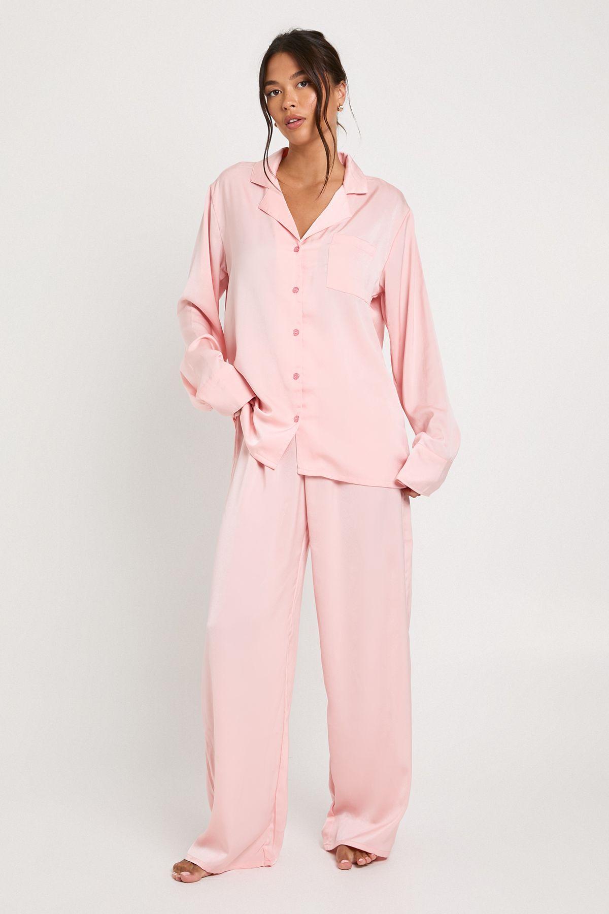 Oversized Satin Long Sleeve Shirt & Trousers Pyjama Set by BOOHOO
