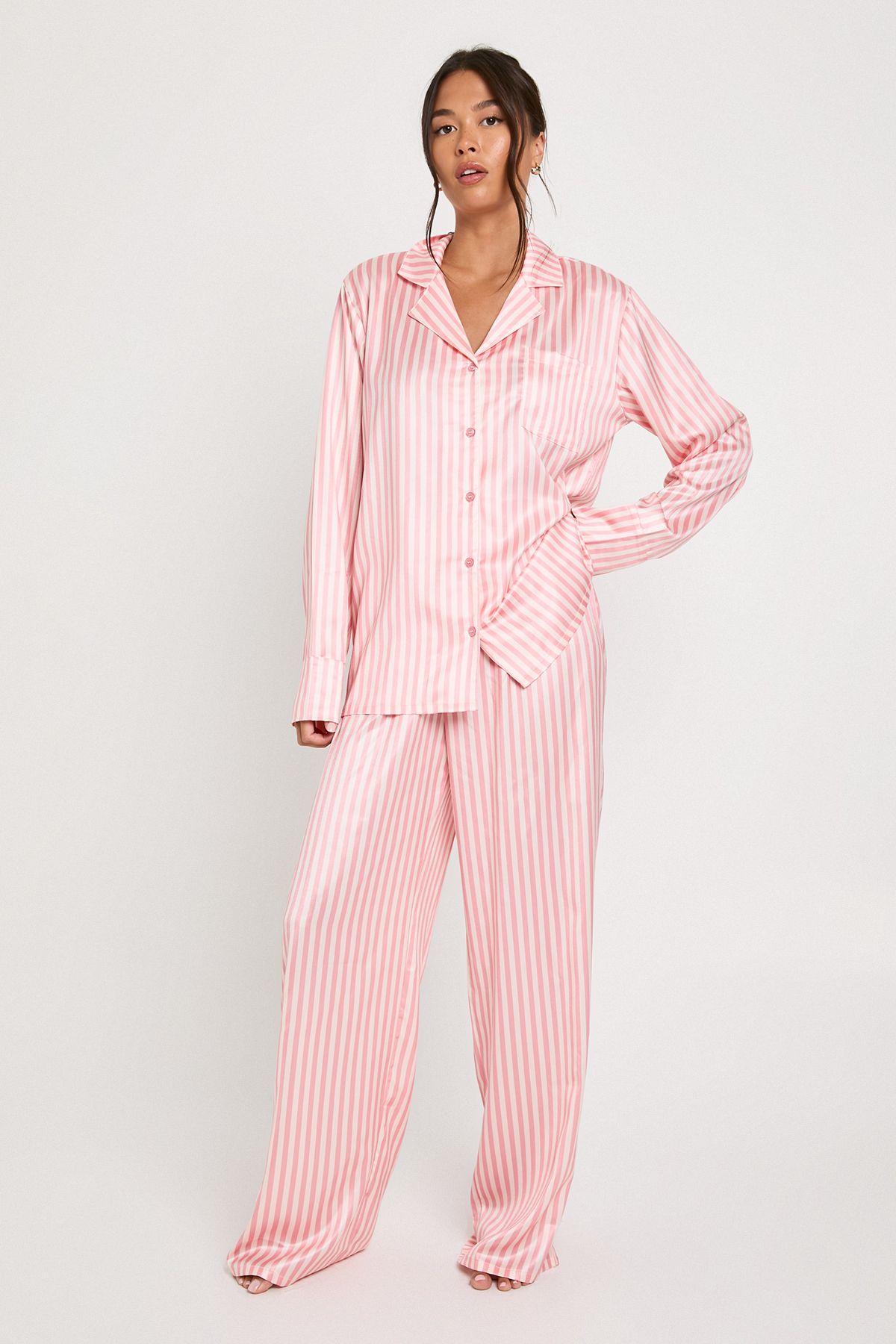 Oversized Satin Stripe Long Sleeve Shirt & Trousers Pyjama Set by BOOHOO
