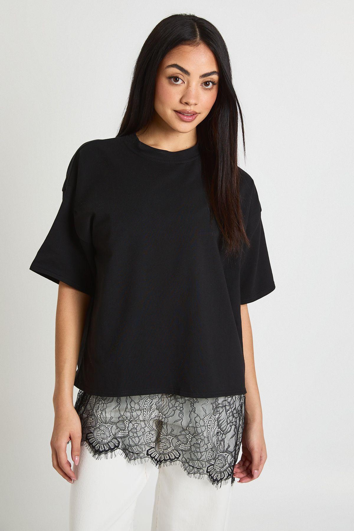 Oversized T-Shirt with Lace Asymmetric Hem Detail by BOOHOO