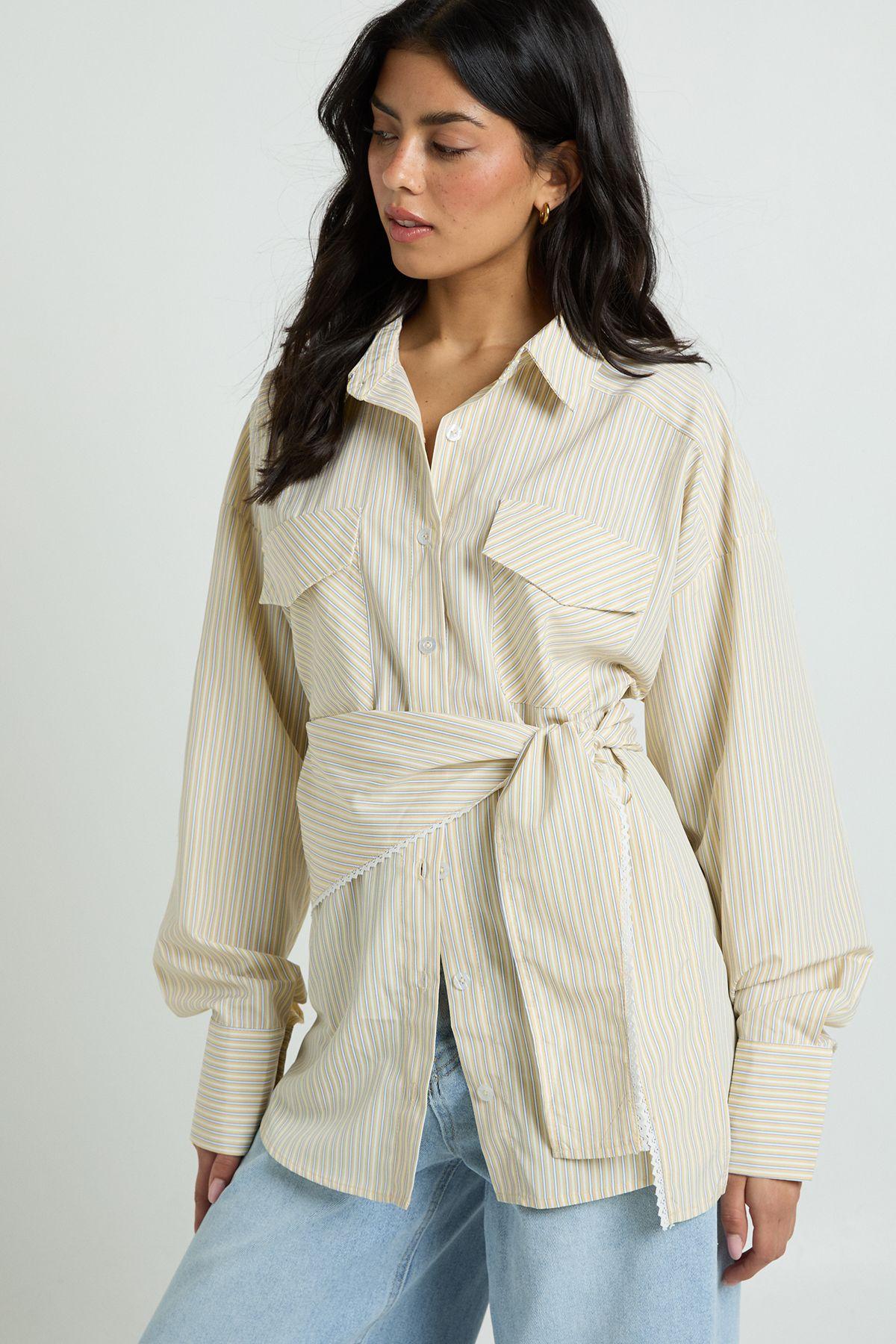 Oversized Woven Stripe Shirt With Waist Tie by BOOHOO