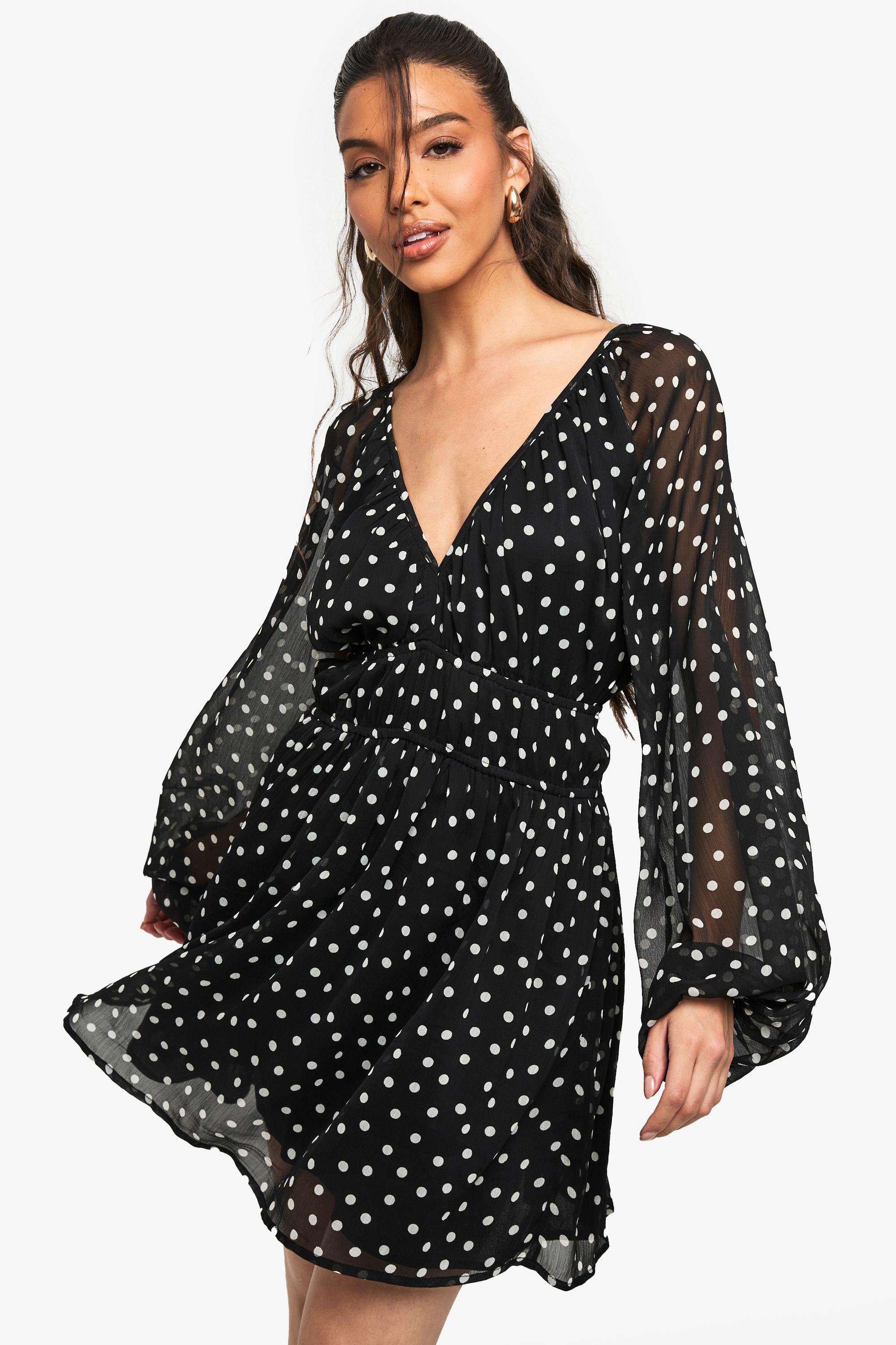 Paisley Polka Dot Chiffon Volume Sleeve Ruched Waist Mini Dress by BOOHOO