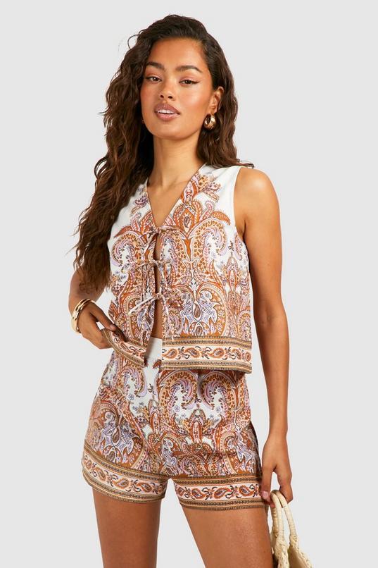 Paisley Print Linen Look Tie Front Crop by BOOHOO